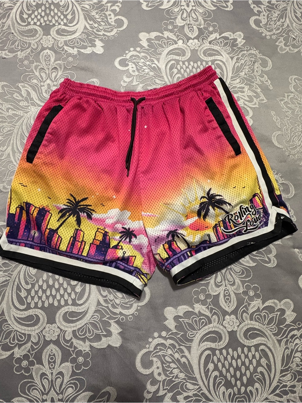 Rolling Loud Sunset Print Athletic Shorts - Pink Yellow Gradient Size Xl
